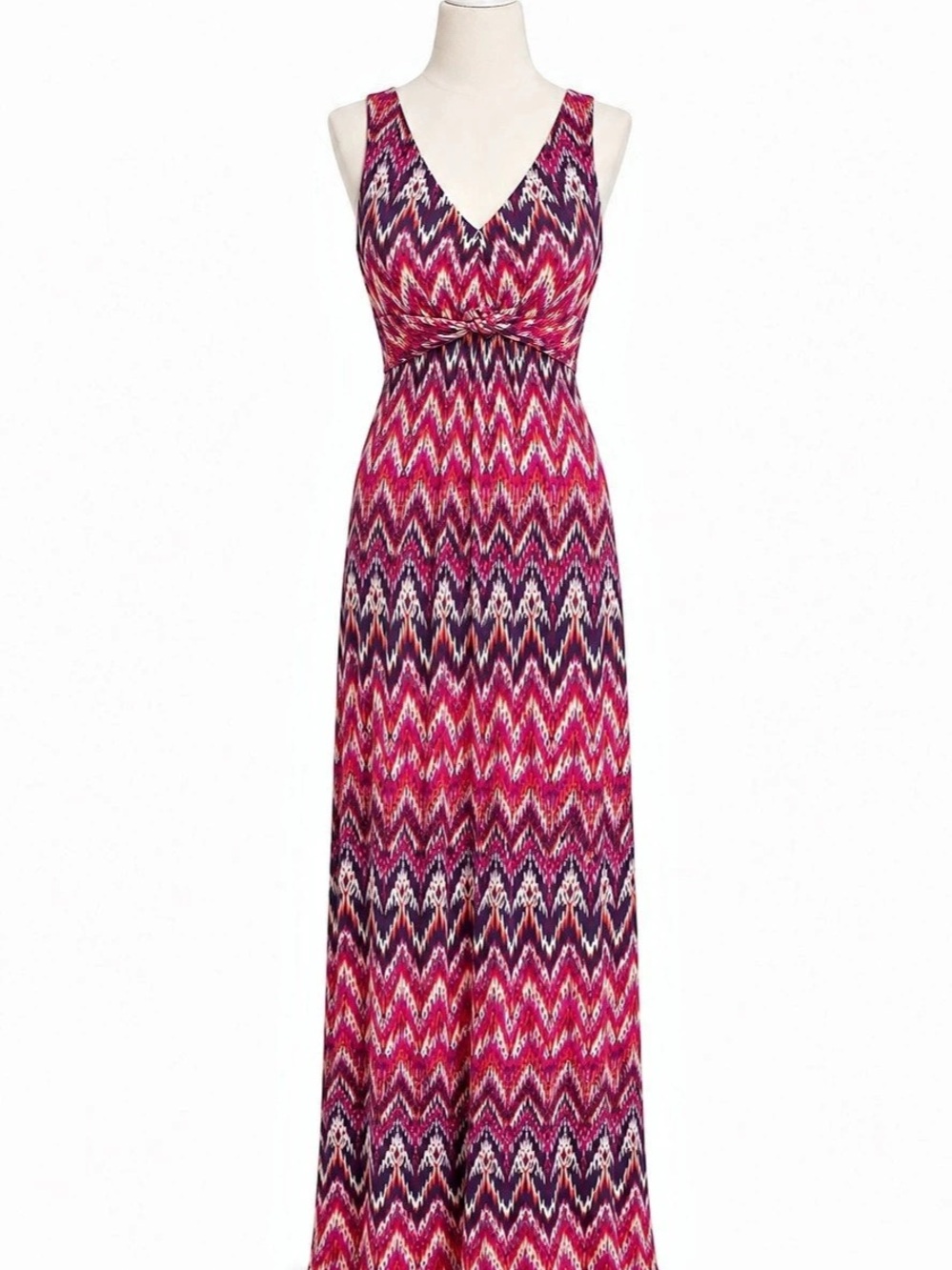 AB Studio Maxi Dress Womens L Pink Purple Ikat Geometric Boho Sleeveless V Neck